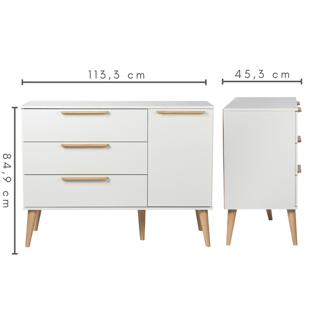 Conjunto Quarto Bebê: Berço 2 em 1 Retrô + Cômoda 3 Gav e 1 Porta Puxador Reto