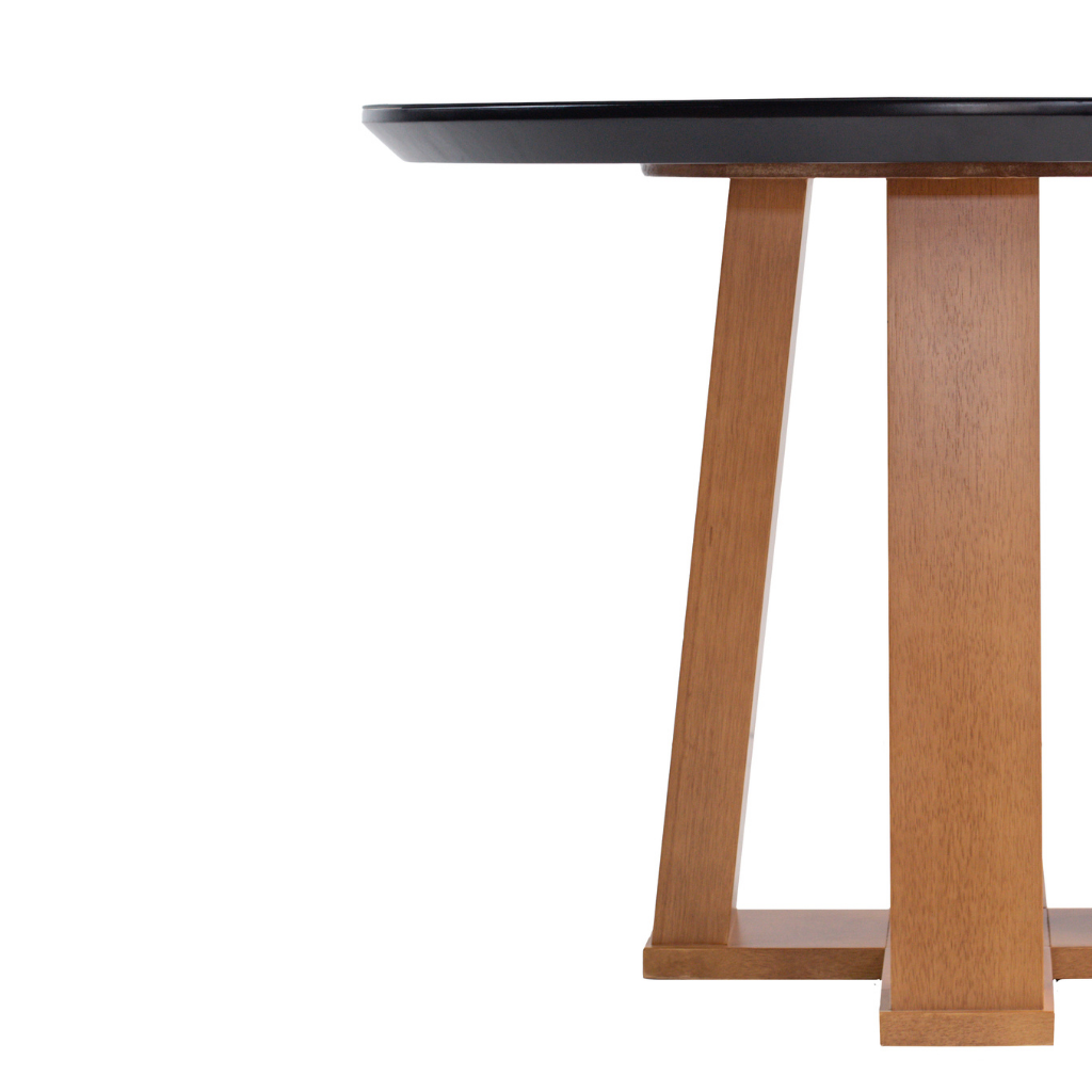 Mesa de jantar redonda catarina base x amêndoa e tampo preto 110 cm, destacando as bordas