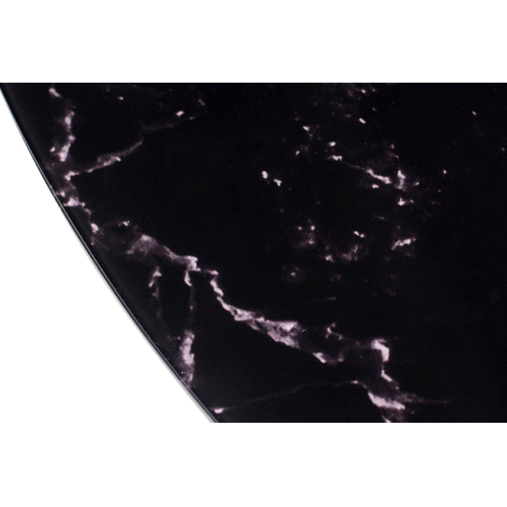 mesa de jantar redonda lolanda base e tampo preto com vidro preto marmorizado sobreposto 110 cm, destacando as bordas