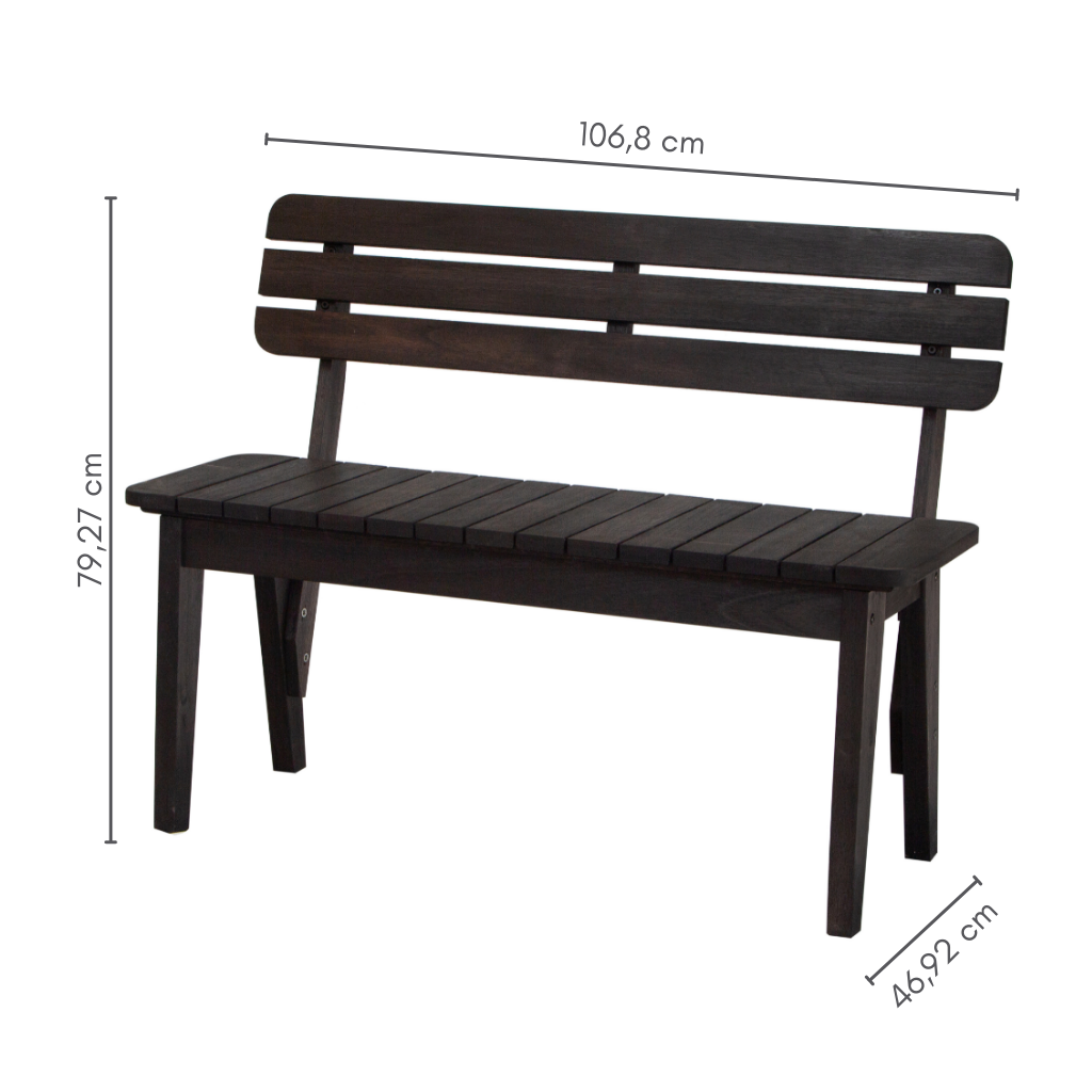 Banco ripado com 2 lugares e com encosto , cor preta, A=79,27 cm C= 106,8 cm L= 46,92 cm