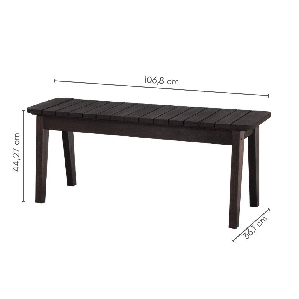 Banco ripado com 2 lugares, cor preta, A=44,27 cm C=106,8 cm L=36,1 cm