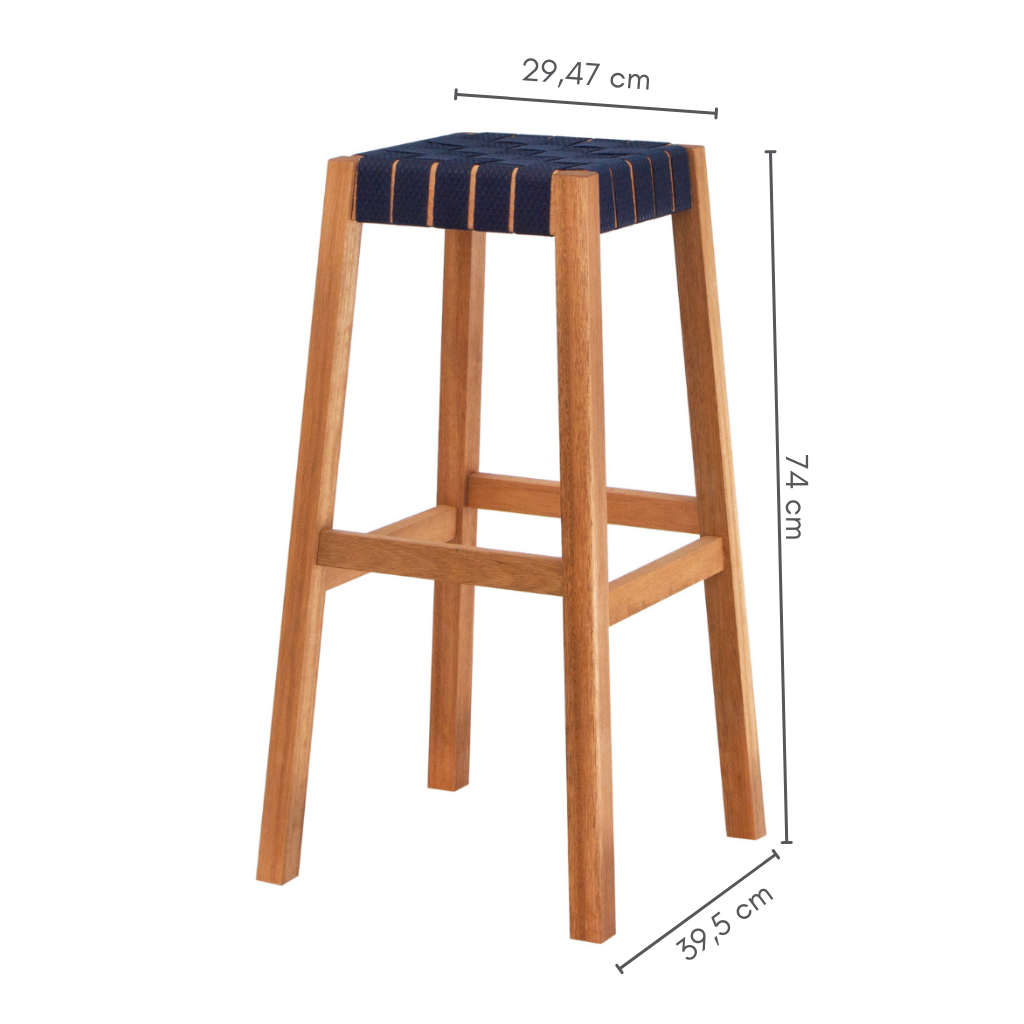 Banco alto cor castanheira, assento em fita azul, A=74 cm C=29,47 cm L=39 ,5 cm