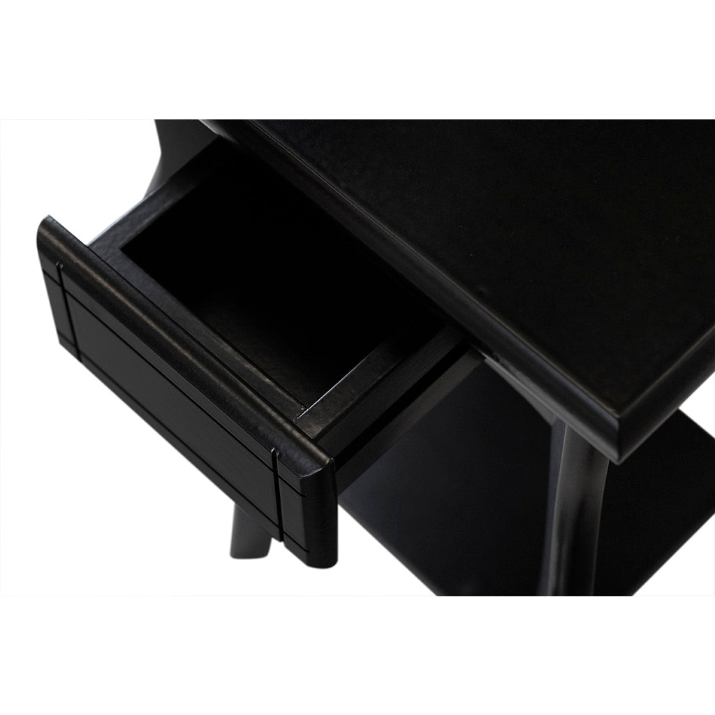 Mesa Lateral Em Madeira Boho Cor Preta, destacando a gaveta aberta e a parte interior