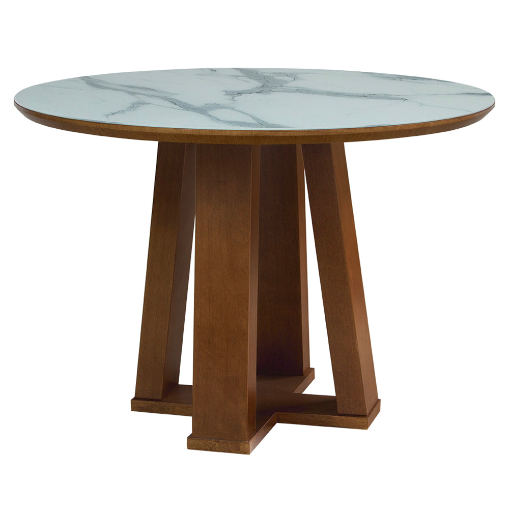 Mesa de jantar redonda dália base x amêndoa e tampo amêndoa com vidro branco marmorizado sobreposto 110 cm, visto de frente