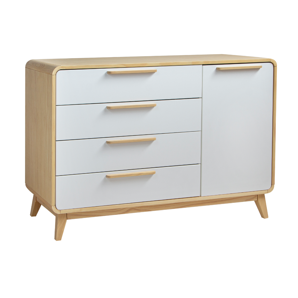 cômoda 4 gavetas e 1 porta evolutivo cor carvalho e branco, visto de lado