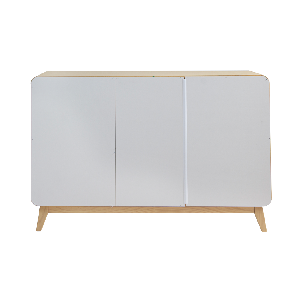 cômoda 4 gavetas e 1 porta evolutivo cor carvalho e branco, vista de costas
