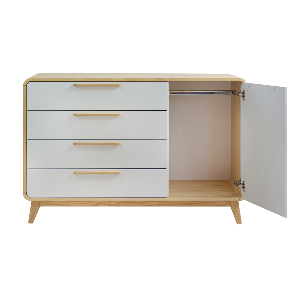 cômoda 4 gavetas e 1 porta evolutivo cor carvalho e branco, destacando com a porta aberta