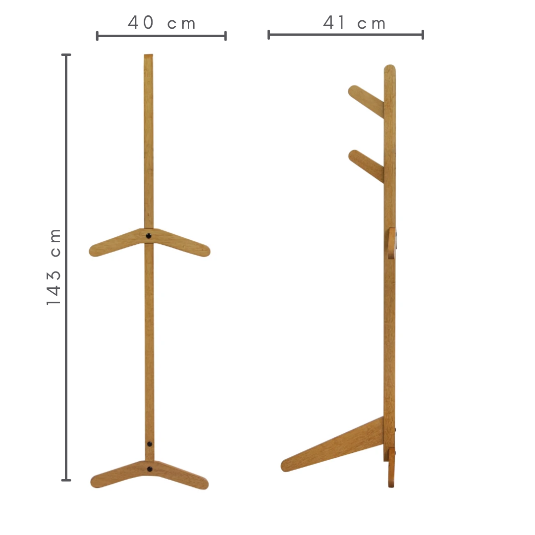 Cabideiro de madeira cor amêndoa, medidas A=143 cm L=41 cm C=40 cm