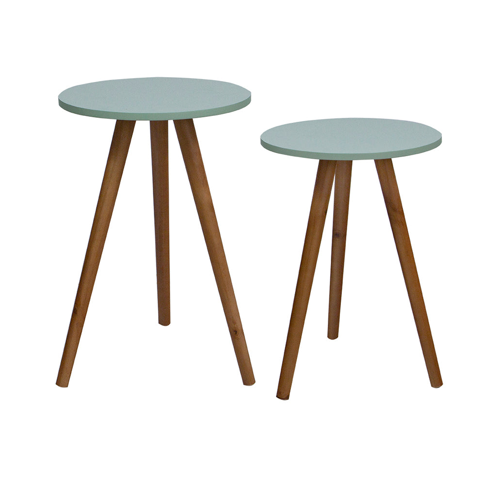 Conjunto de Mesas Laterais Retrô Cor Verde Oliva Pés Palito Cor Natural, vistos de frente