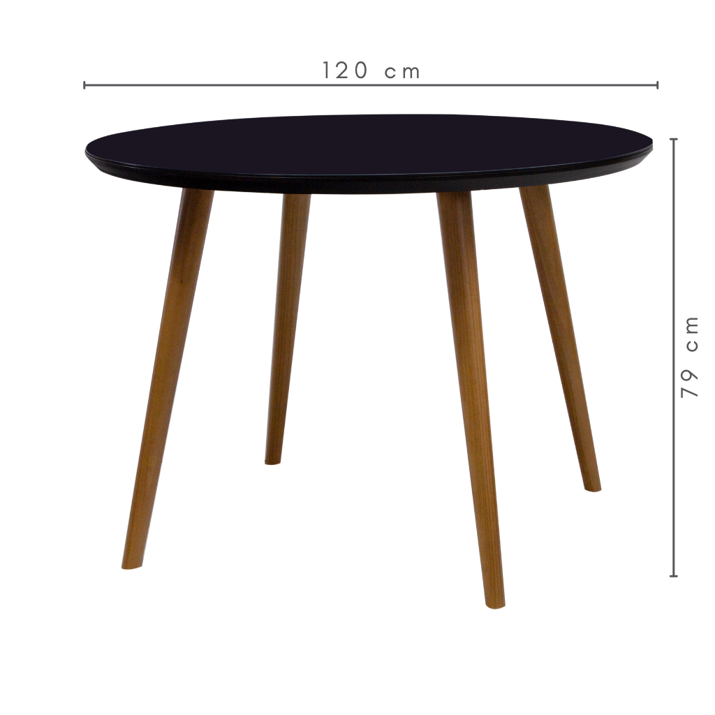 mesa de jantar redonda Aurea, pés palito amêndoa tampo preto com vidro preto sobreposto 120 cm, medidas A=79 cm C=120 cm