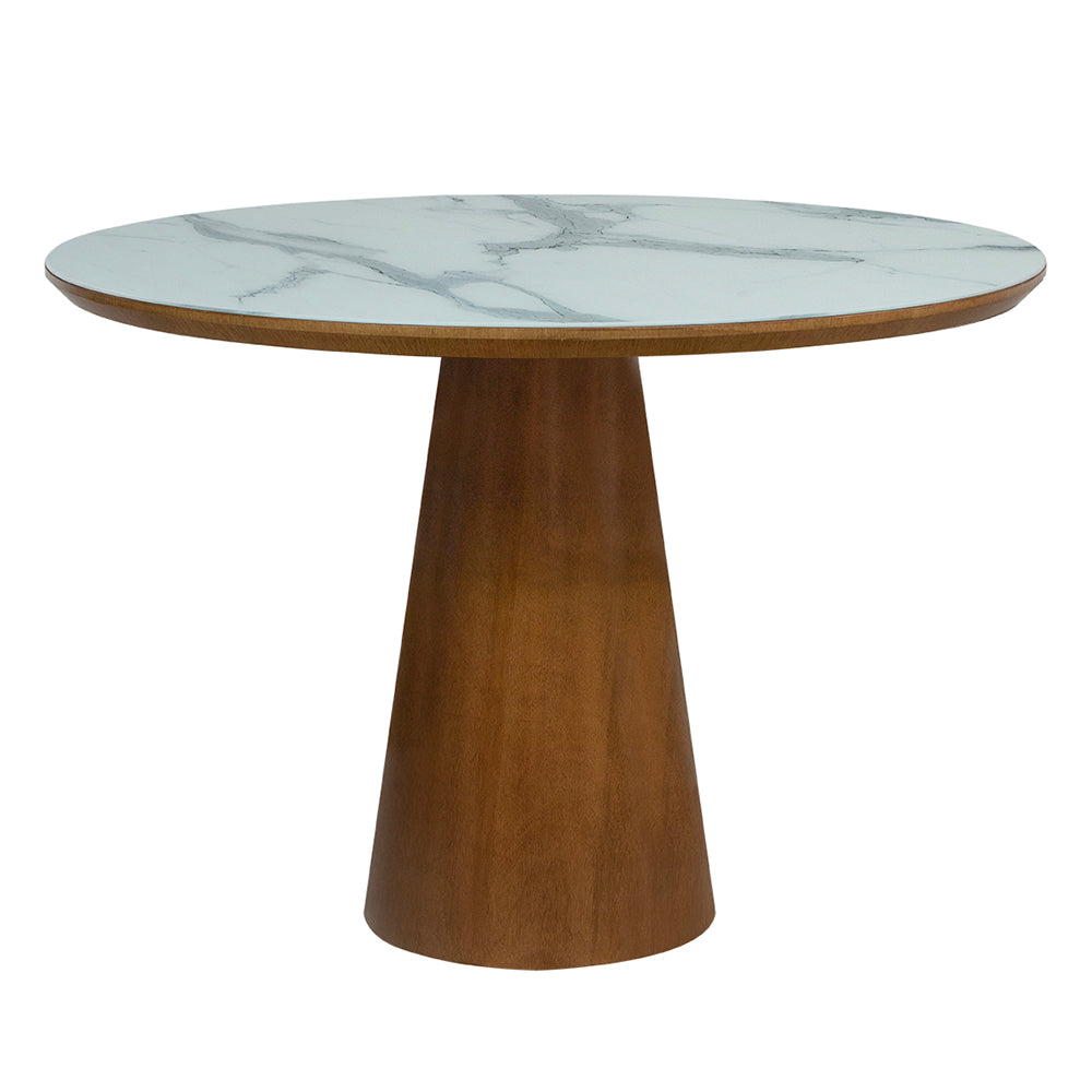 Mesa de Jantar Redonda Laura Base e Tampo Amêndoa Com Vidro Branco Marmorizado Sobreposto 110 cm