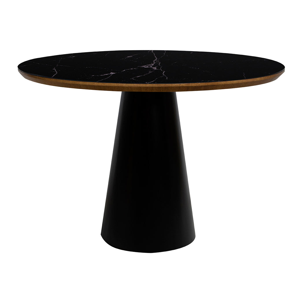 Mesa de Jantar Redonda Maia Base Preta Tampo Amêndoa Com Vidro Preto Marmorizado Sobreposto 110 cm, visto de frente