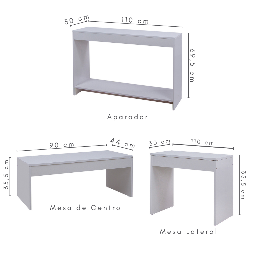 Conjunto Para Sala de Estar Em Madeira Com 03 Peças Cor Branco, medidas= Aparador: A=69,5 cm C=110 cm L=30 cm Mesa de centro: A=35,5 cm C=90 cm L=44 cm Mesa lateral: A=35,5 cm C=110 cm L=30 cm
