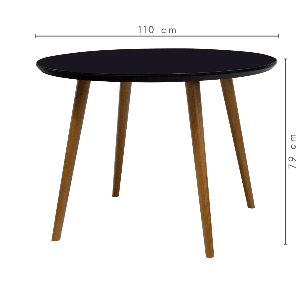 Mesa Redonda Angela Pés Palitos Tampo Vdr Sobreposto preto 110 cm + 4 Cadeiras Madeira Trama Natural Silvia Preto