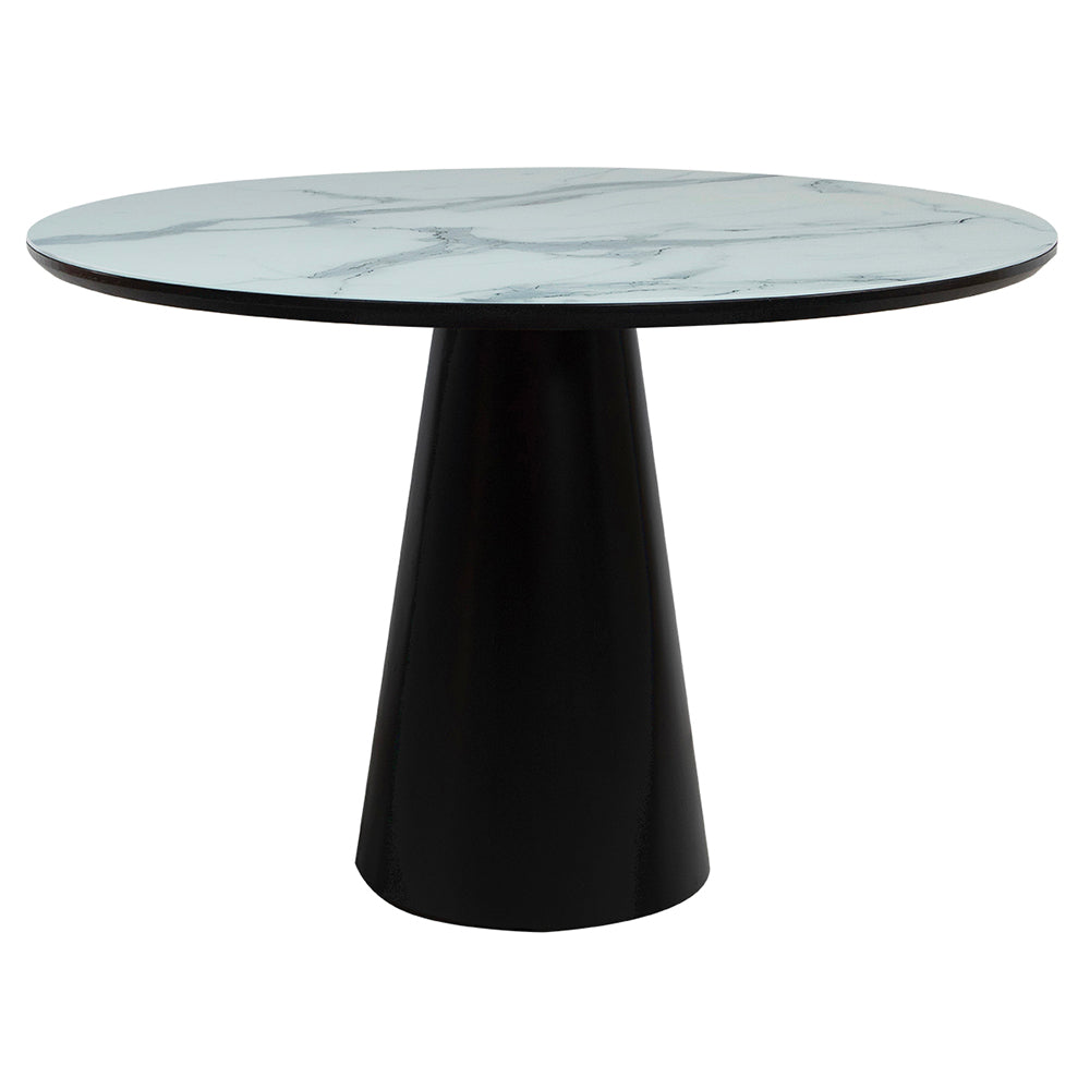 Mesa de Jantar Redonda Ivony Base e Tampo Preto Com Vidro Branco Marmorizado Sobreposto 110 cm, de frente