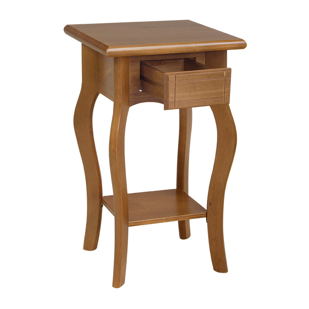 Mesa Lateral Em Madeira Boho Cor Amêndoa, visto de lado e com a prateleira aberta