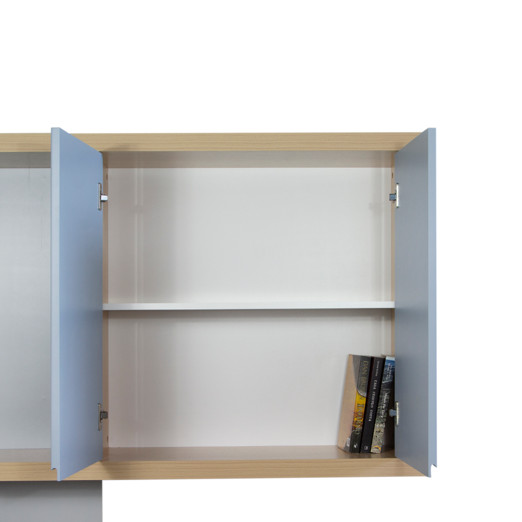 Painel TV para Quarto / Escritório Wall Areia + Carvalho, destacando as gavetas abertas