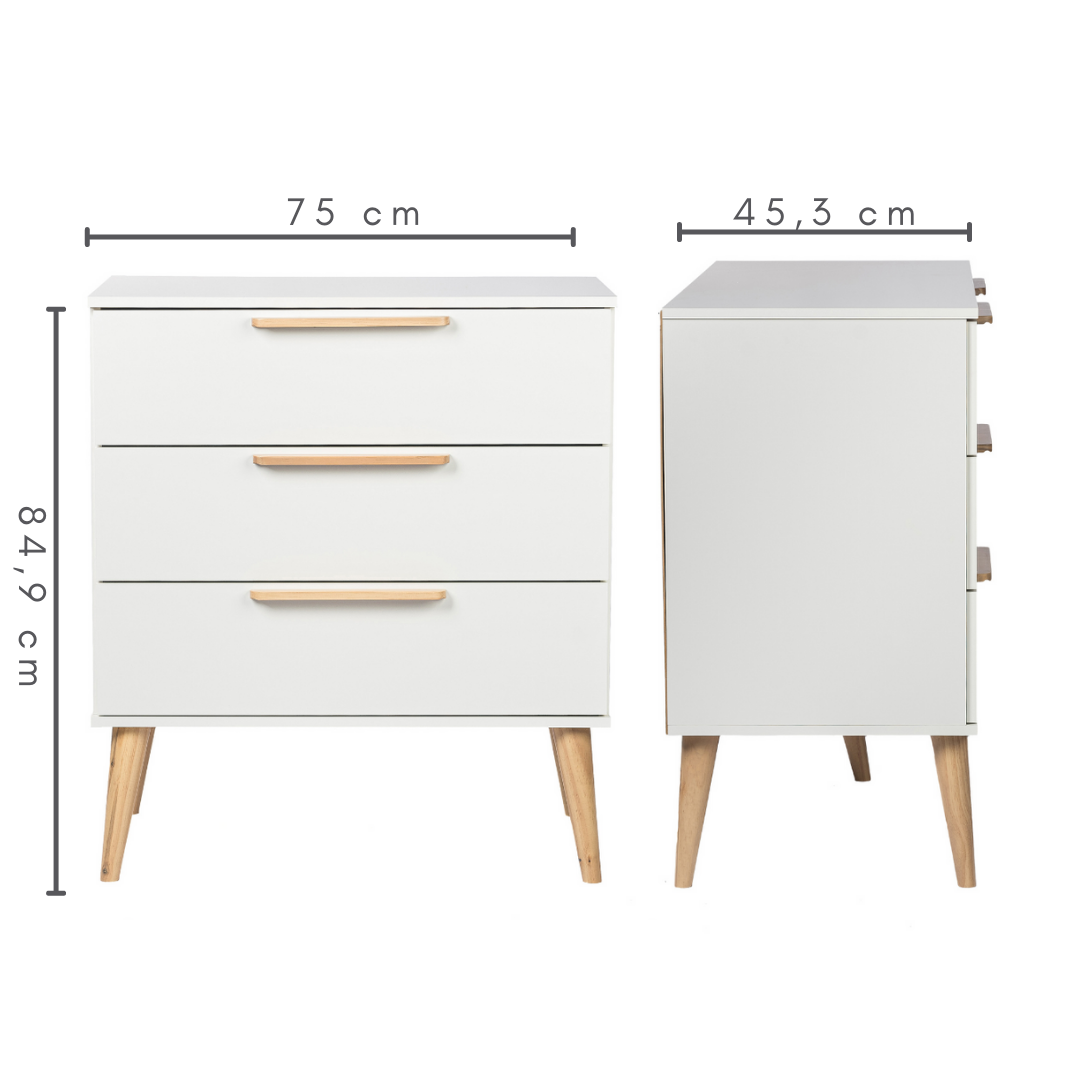 Cômoda 3 gavetas retrô cor branco, puxador reto cor carvalho, medidas A=84,9 cm C=75 cm L=45,3 cm