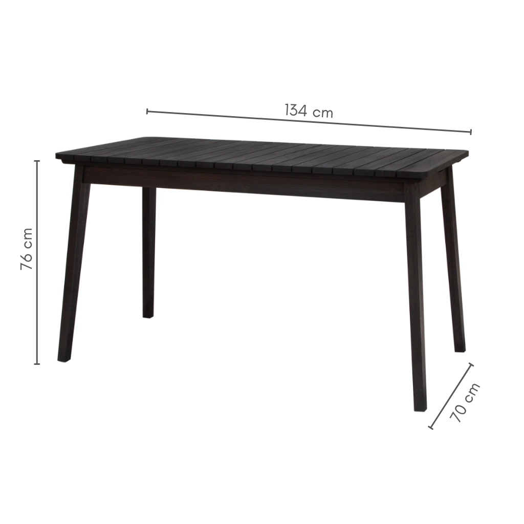Mesa de jantar 6 lugares retangular alpina em madeira ripada, cor preta, medidas A=76 cm C=134 cm L=70 cm