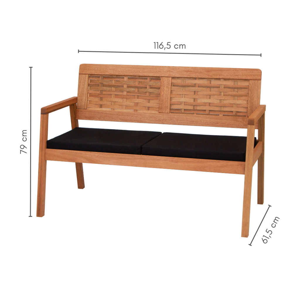 Sofá 2 Lugares Tulipa Em Madeira Trançado Cor Stain Castanheira com Tecido Preto Acquablock, medidas: A=79 cm C=116,5 cm L=61,5 cm