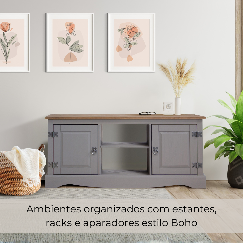 Ambientes organizados com estantes, racks e aparadores estilo Boho