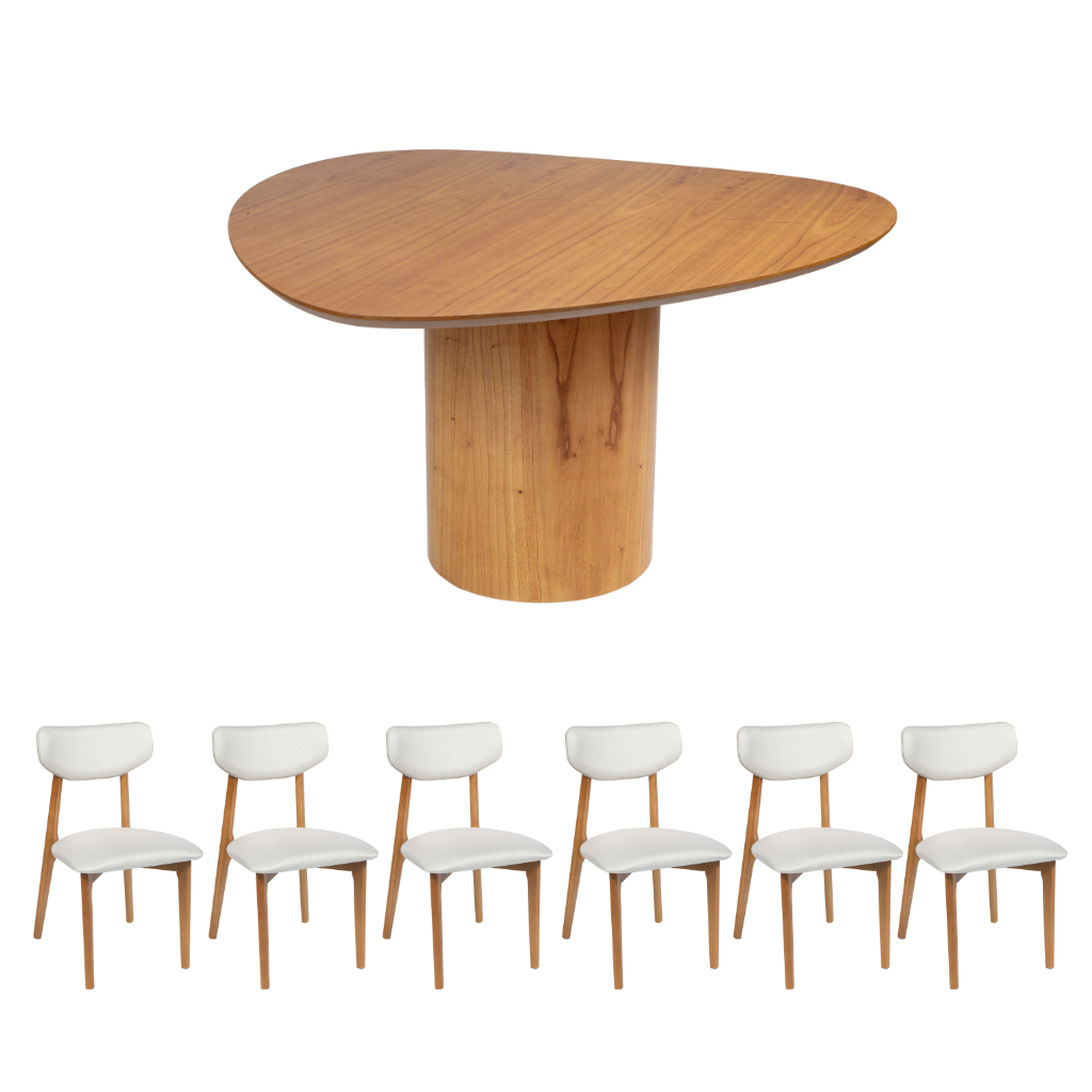 Mesa de Jantar Palheta com Tampo Triangular 140 e Base Cilíndrica em Cinamomo + 6 Cadeiras Paris Amêndoa Tecido Bege