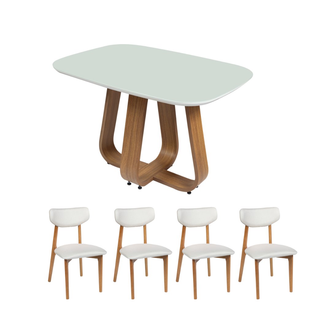 Mesa de Jantar Retangular Helena Cor Freijó com vidro Off White 117 cm + 4 Cadeiras Paris Amêndoa Tecido Bege