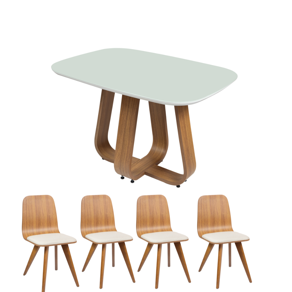 Mesa de Jantar Retangular Helena Cor Freijó com vidro Off White 117 cm + 4 Cadeiras de Jantar Lidiane
