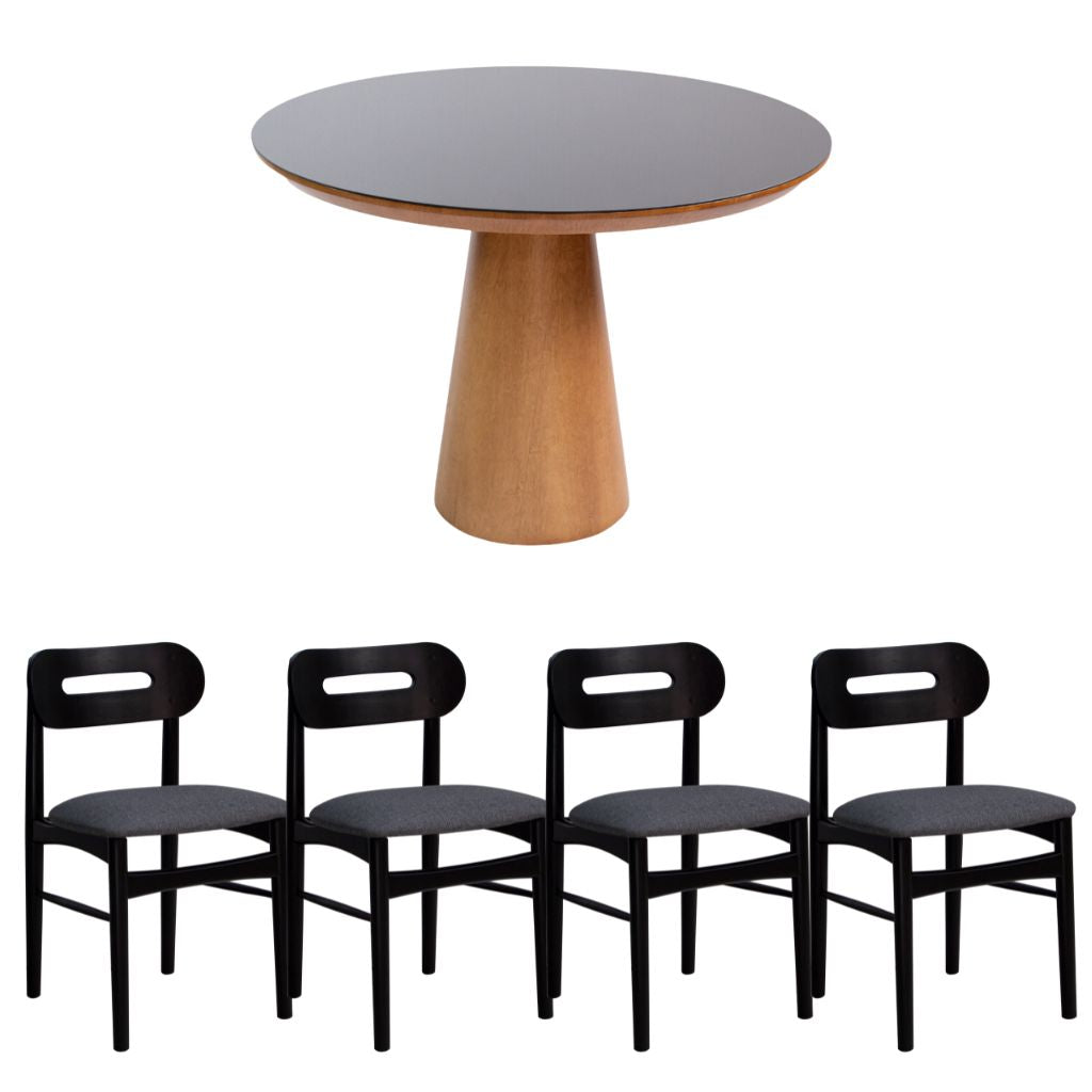 Mesa de Jantar Redonda Margô Cone/Tampo Amêndoa e Vidro Preto 110cm + 4 Cadeiras Madeira Luana Cor Preta e Tecido Linho