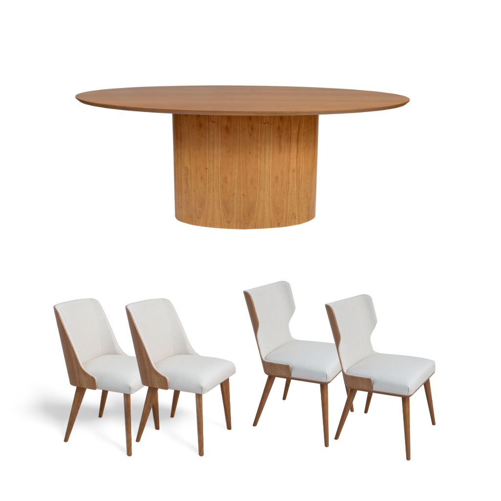 Mesa de Jantar Savana com Tampo e Base Oval 200x100 em Cinamomo + 2 Cadeiras de Jantar Malu + 2 Cadeiras de Jantar Gina