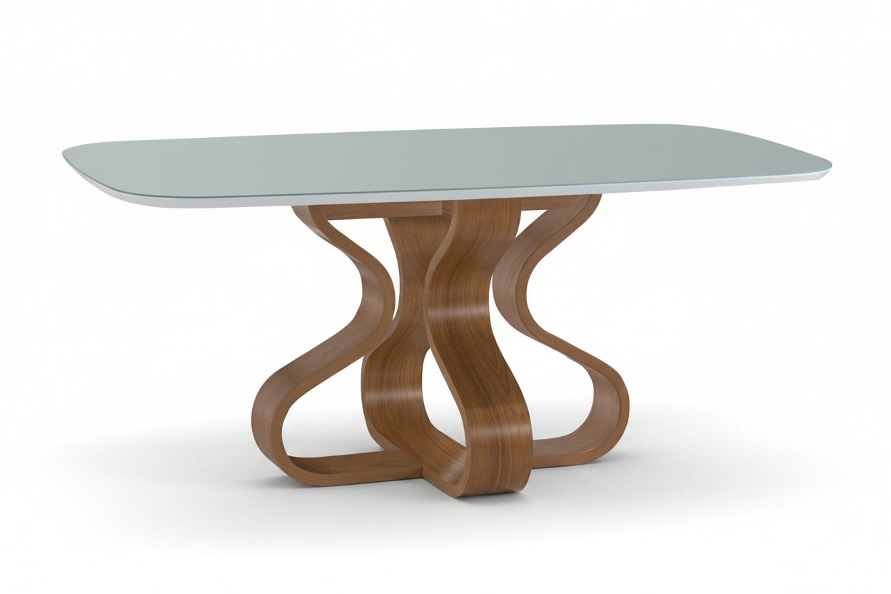 Mesa de Jantar Daiana Cor Freijó com vidro Off White  4 e 6 lugares