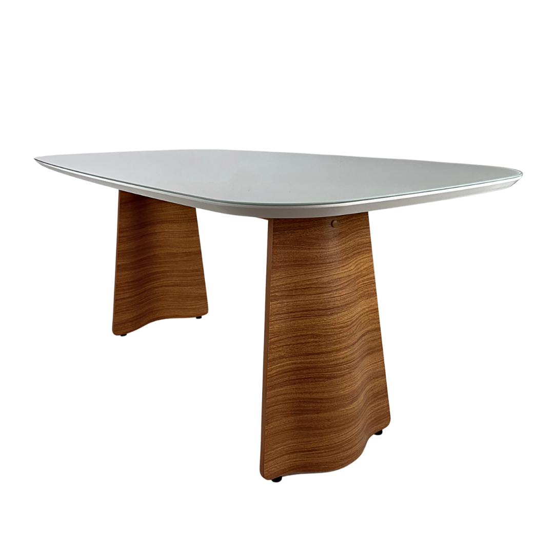 Mesa de Jantar Retangular Marcela 6 Lugares Cor Freijó com Vidro Off White 180x90cm