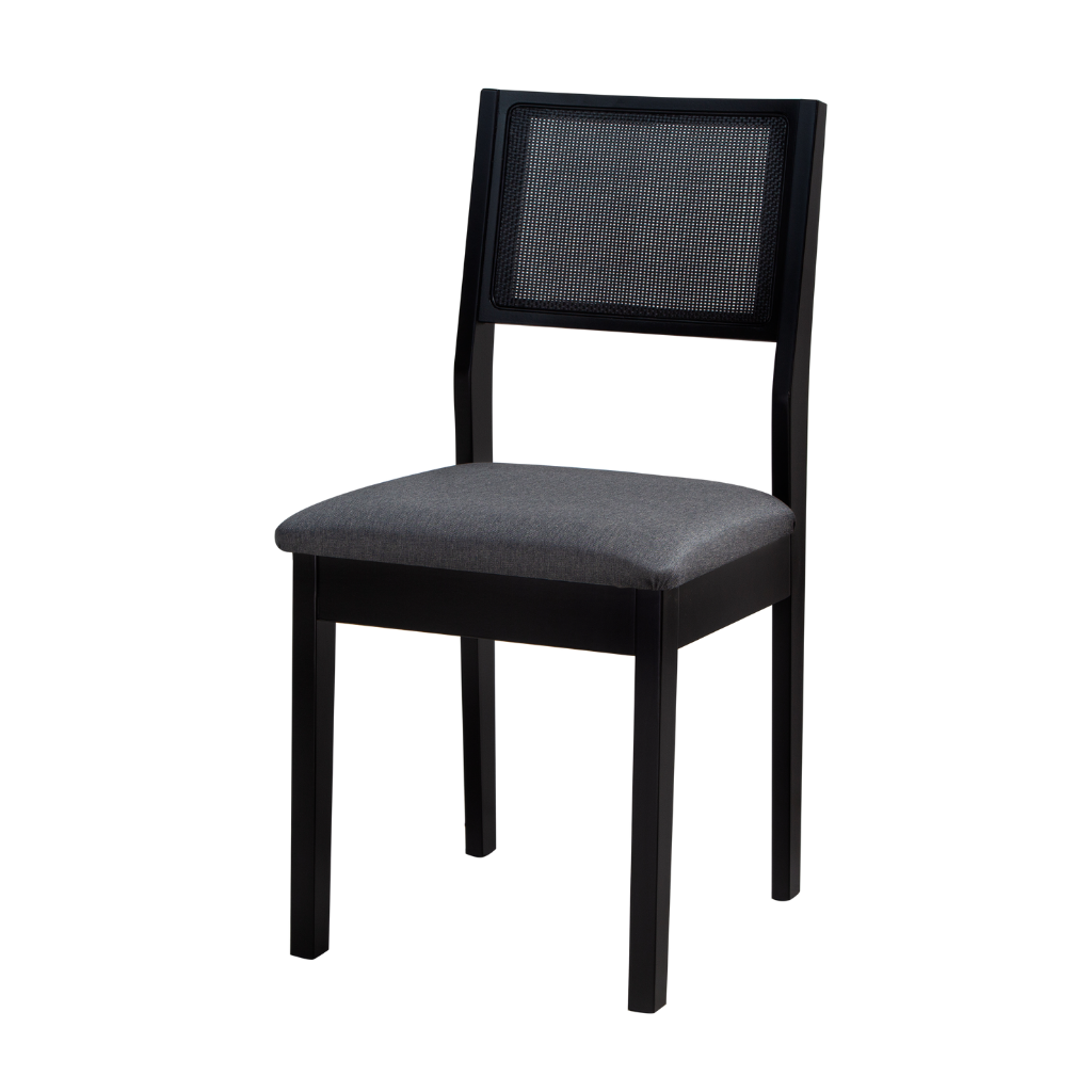 Mesa de Jantar Margô Cone/Tampo Amêndoa e Vidro Preto 110cm + 4 Cadeiras com Telinha Silvia Preta Tecido Linho Escuro