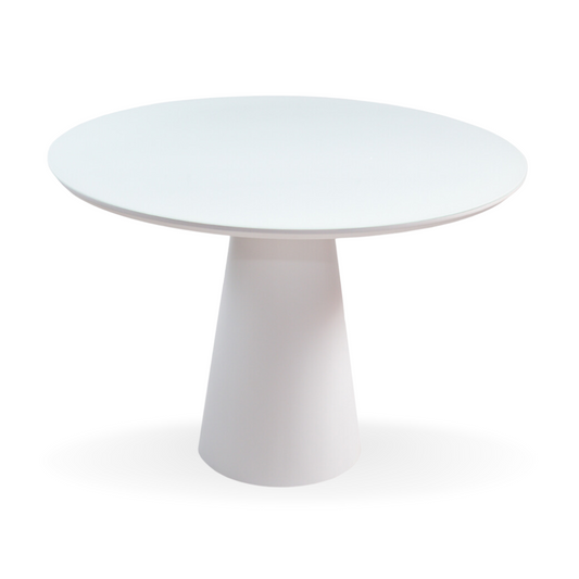 Mesa de Jantar Redonda Nona Base Cone Branco e Tampo Branco Com Vidro 110 cm