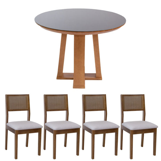 Mesa Jantar Redonda Camila Base X Tampo Amêndoa Vdr Sobreposto Preto 110 cm + 4 Cadeiras Silvia Cor Imbuia Trama natural