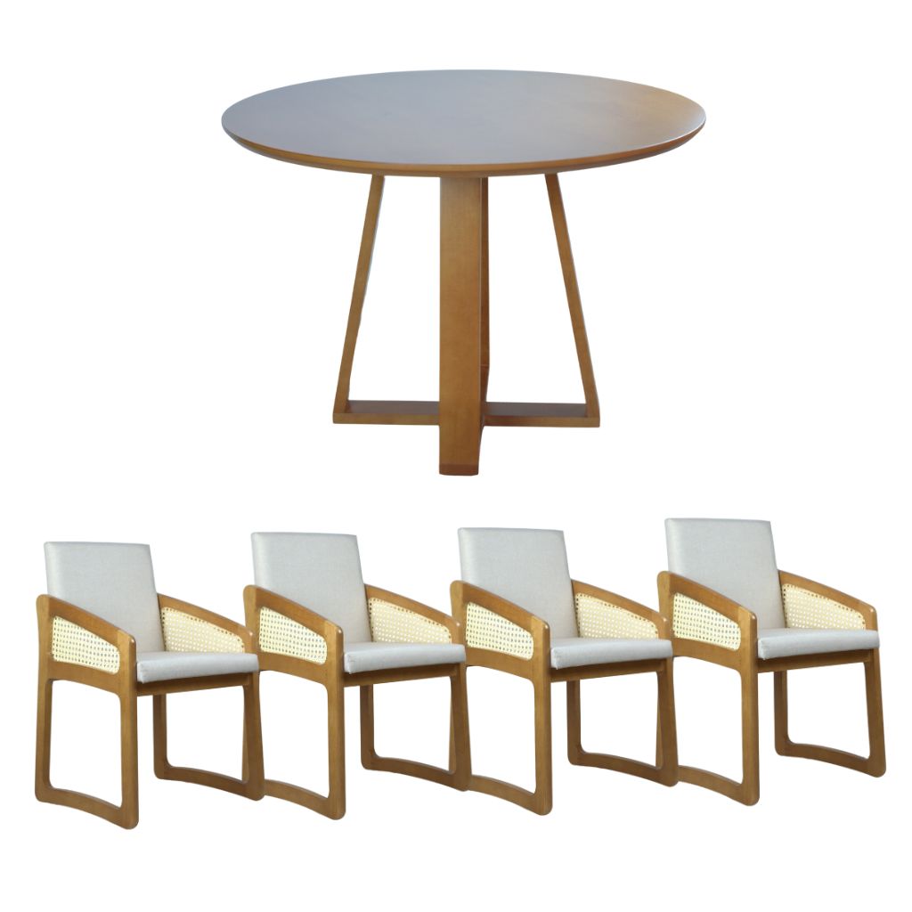 Mesa de Jantar Redonda Lívia Base X e Tampo Freijó 110 cm + 4 Cadeiras Madeira c/ Telinha Amália Cor Freijó Tecido Linho