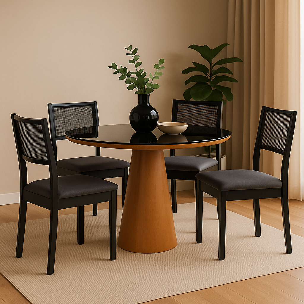 Mesa de Jantar Margô Cone/Tampo Amêndoa e Vidro Preto 110cm + 4 Cadeiras com Telinha Silvia Preta Tecido Linho Escuro