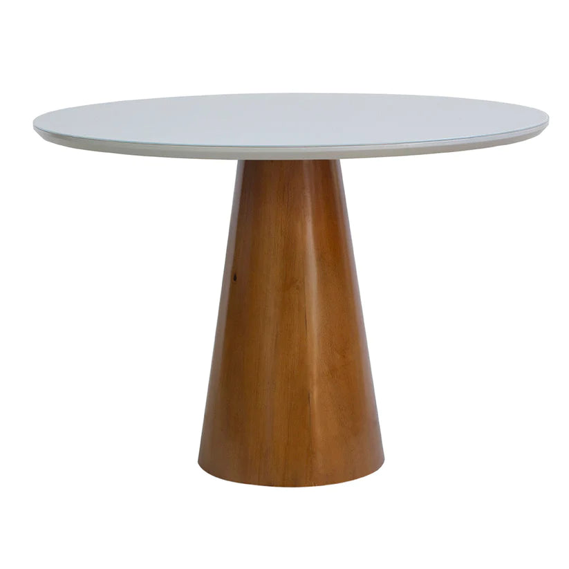 Mesa de Jantar Redonda Flora Base Cone Amêndoa e Tampo Fendi Com Vidro Sobreposto 110 cm
