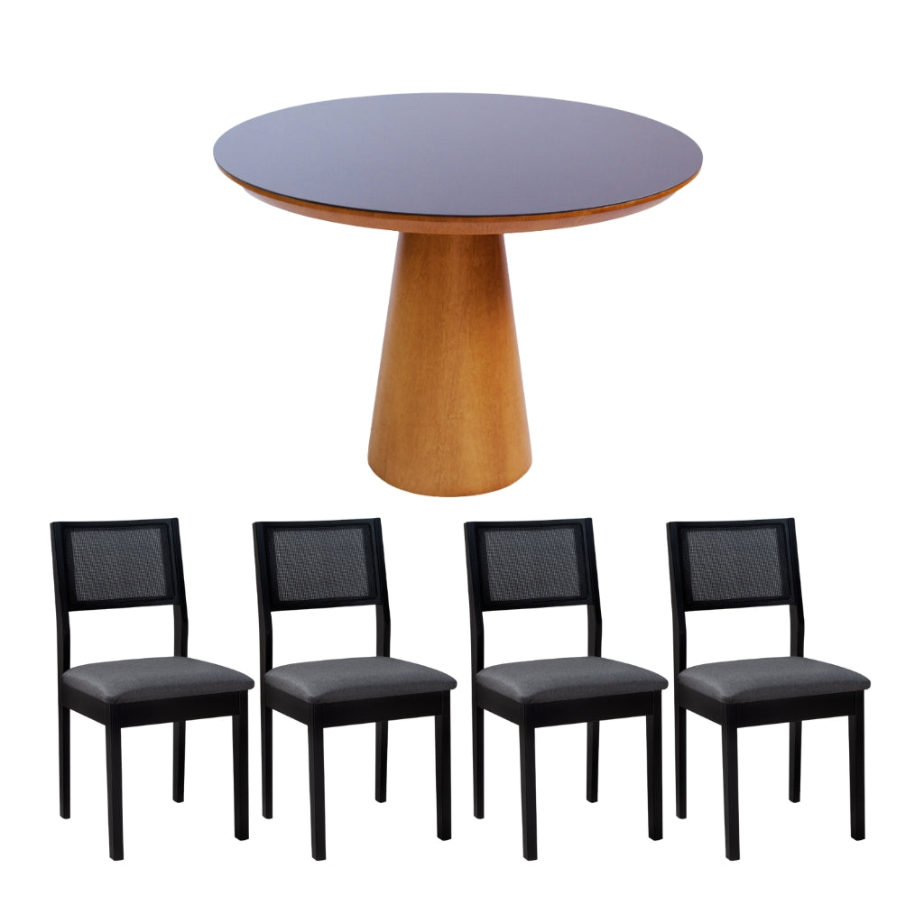 Mesa de Jantar Margô Cone/Tampo Amêndoa e Vidro Preto 110cm + 4 Cadeiras com Telinha Silvia Preta Tecido Linho Escuro