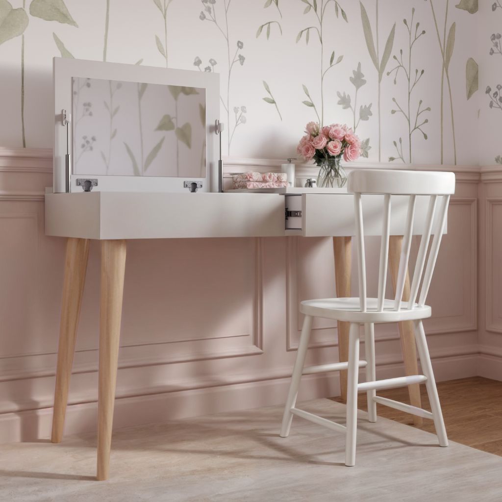 Escrivaninha com Espelho e Gaveta Kids - Branca/Carvalho