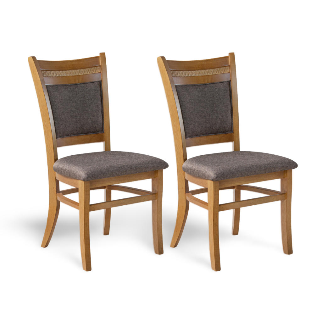 Cadeira Tammy Amendoa e Tecido Linho Marrom Detalhe em Rattan - Kit com 2