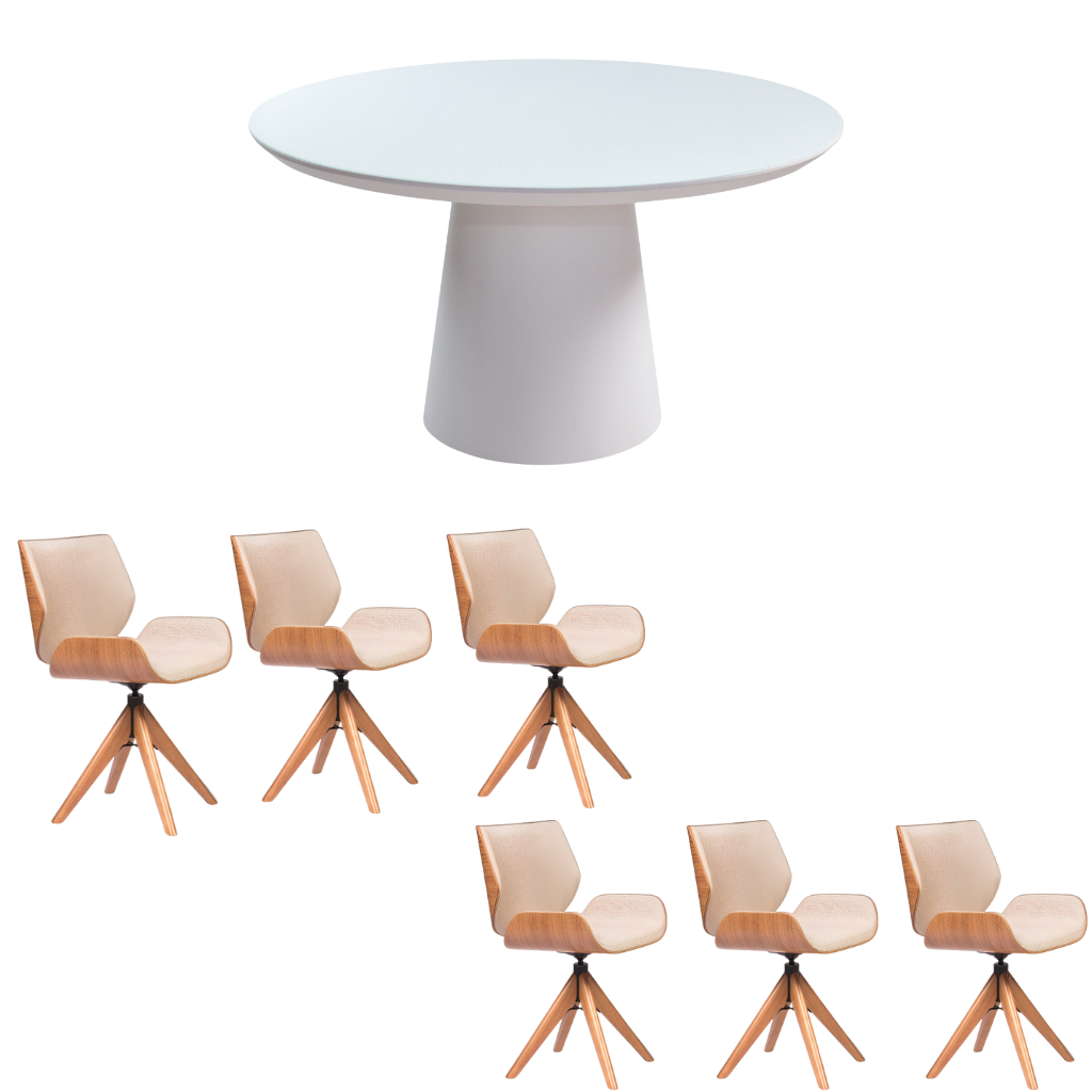 Mesa de Jantar Redonda Merida Base Cone e Tampo Branco 140 cm + 6 Cadeiras Giratória Heloísa Cor Freijó Tecido Frise
