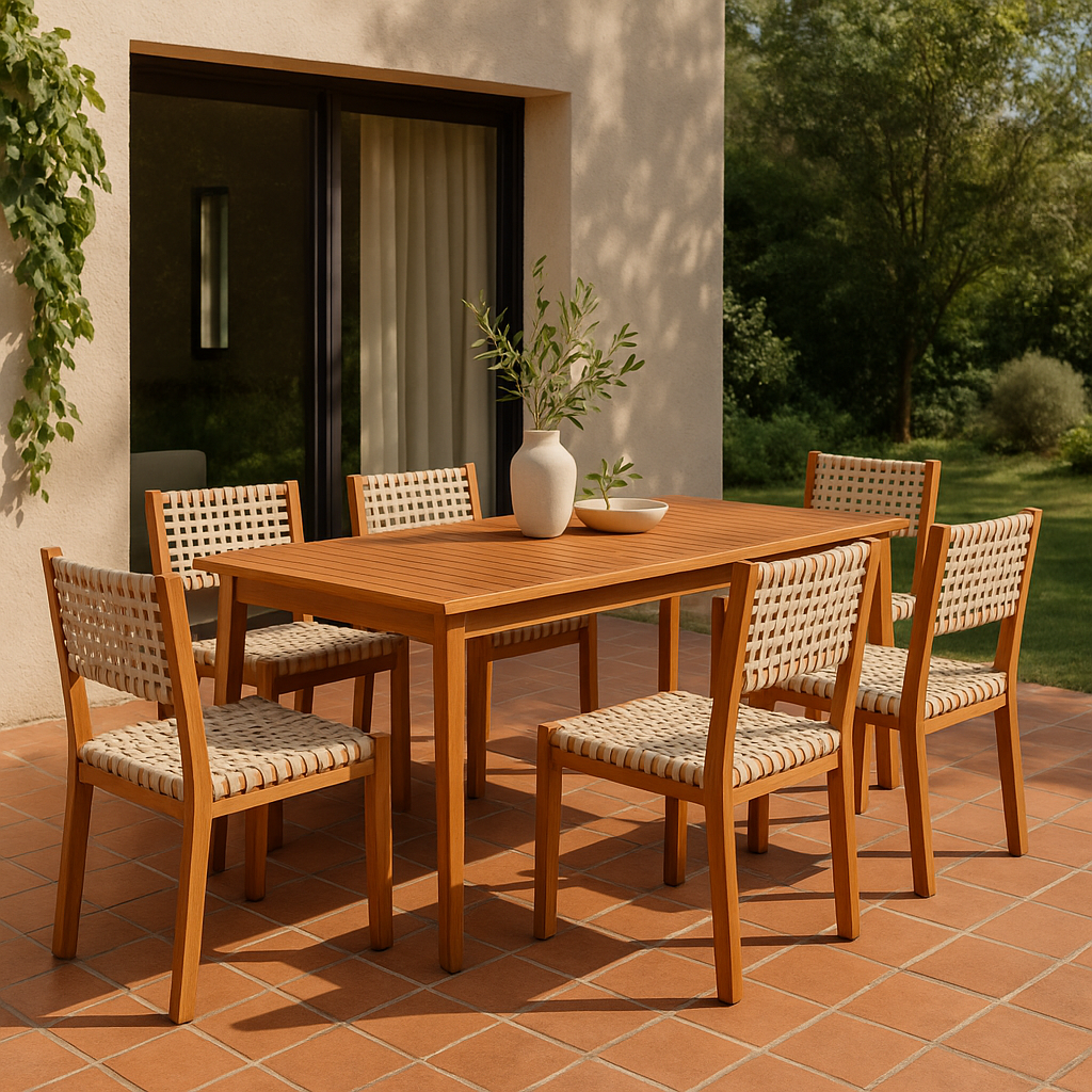 Mesa de jantar de madeira em um ambiente acolhedor