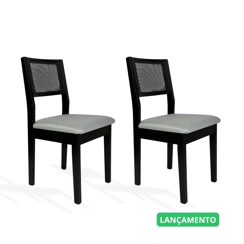 Cadeira de Madeira com Telinha Silvia Cor Preta Tecido Linho Cinza Claro - Kit com 2