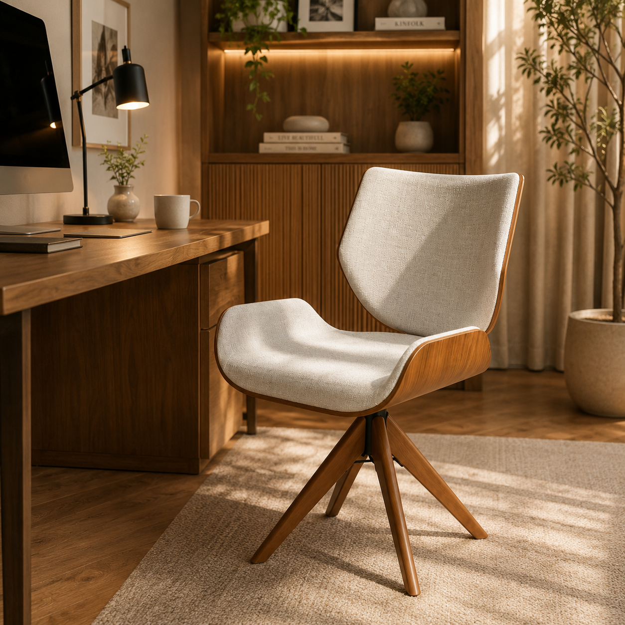 Cadeira de Jantar / Escritório Giratória Heloísa Cor Freijó Tecido Linen Cru
