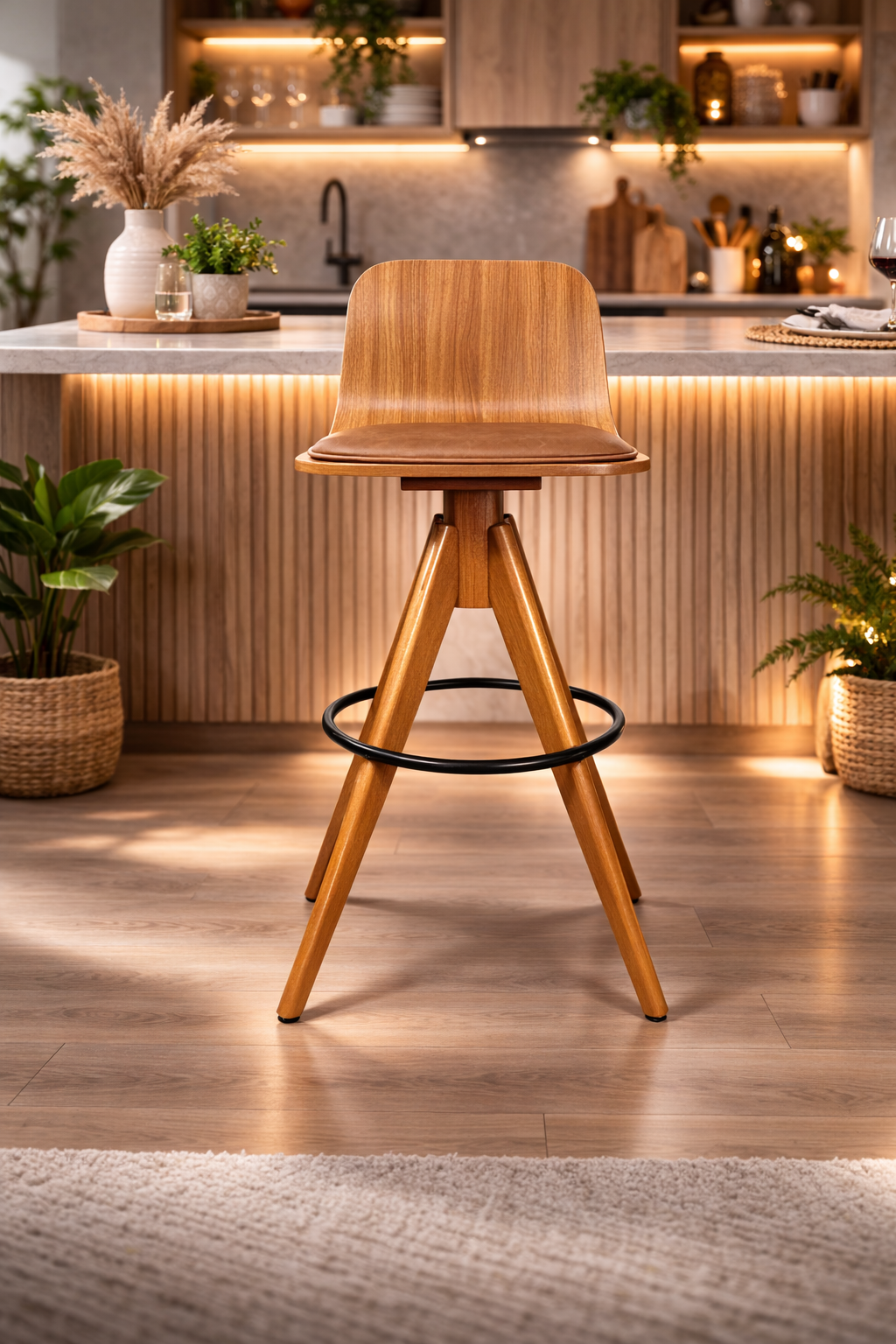 Banqueta Estofada Fixa Marina Cor Freijó Assento em Couríssimo Camel