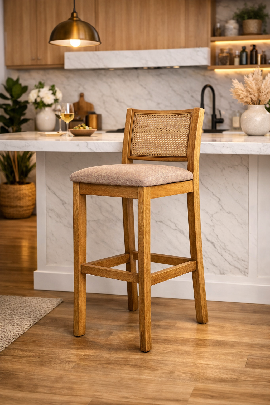 Banqueta de Madeira com Telinha e Estofado Silvia cor Amêndoa Tecido Suede Bege