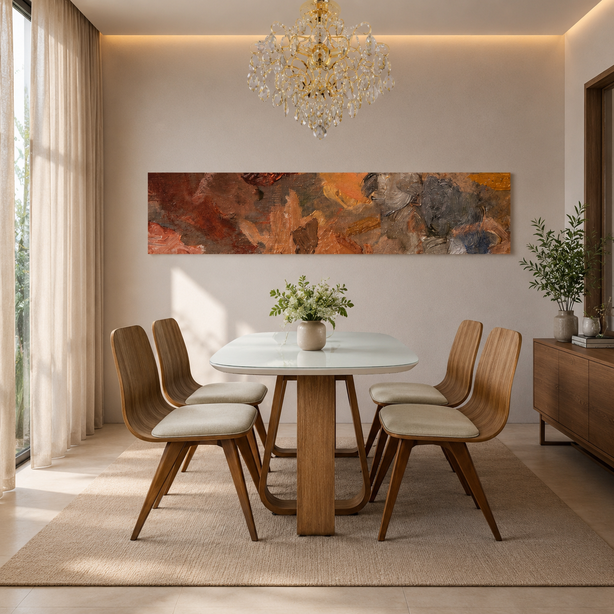 Mesa de Jantar Retangular Helena Cor Freijó com vidro Off White 117 cm + 4 Cadeiras de Jantar Lidiane