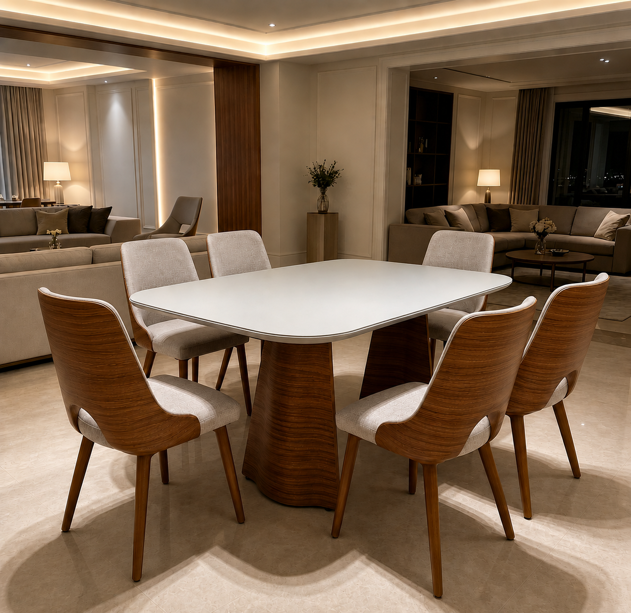 Mesa de jantar retangular Marcela 6 lugares, cor Freijó, tampo em vidro Off White, base curva em Multi-HDF, 180x90cm – KRAVO urban design