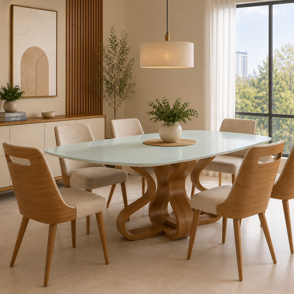 Mesa de Jantar Daiana Cor Freijó com vidro Off White  4 e 6 lugares